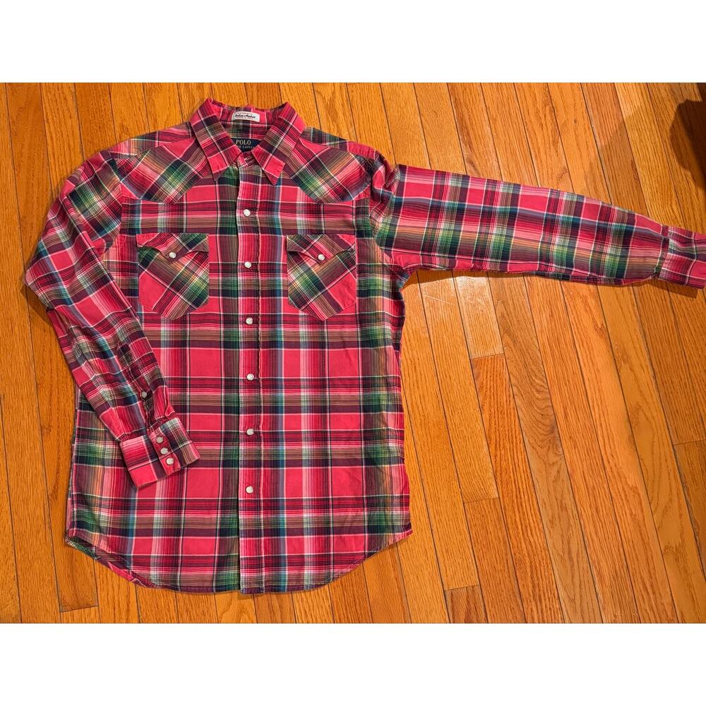 Polo Ralph Lauren Madras Pearl Snap Western Shirt Red Plaid Medium